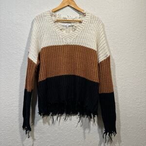 HYFVE🌿Colorblock Distressed Hem Knit Sweater Women’s Size Large Raw Hem Sweater